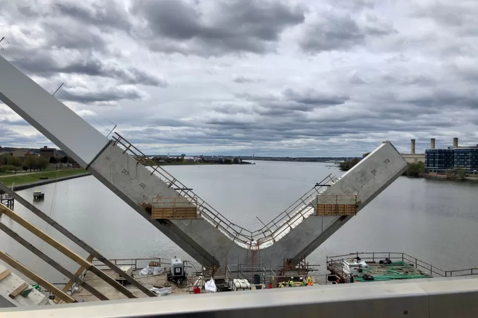 A piece of the Frederick Douglass Memorial Bridge while under construction.